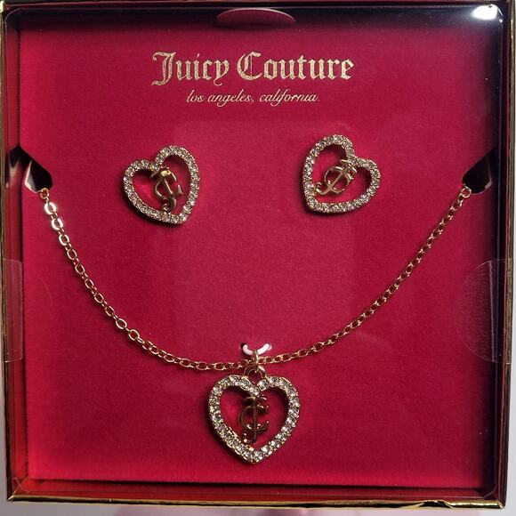 Juicy Couture Gold Heart JC Initials Diamond Cluster Necklace Earring‎ Set NIB - Picture 1 of 2